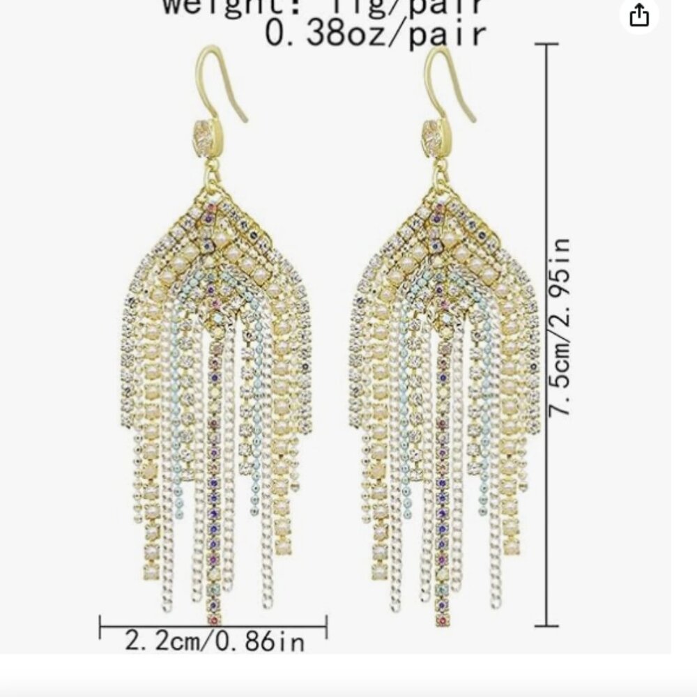 Boho Fringe Hook Dangling Earrings Long Handmade Beaded Cubic Zirconia Crystal - Picture 3 of 4